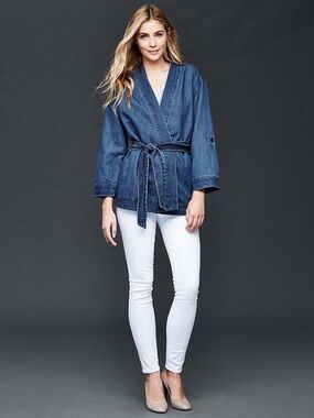 Gap Kimono Denim Wrap Jacket with Tie Belt - Blue 0049